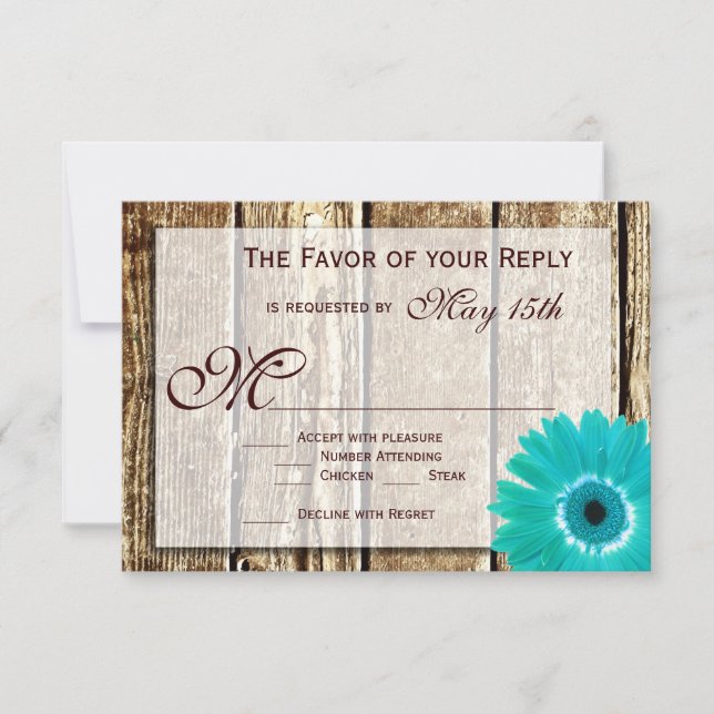 Rustique Bois Turquoise Gerber Daisy Mariage Carte (Devant)