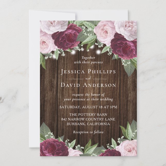 Rustique Bourgogne Blush Floral Wedding Invitation (Devant)