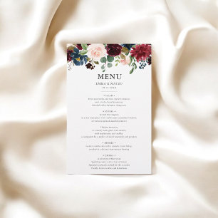 Rustique Bourgogne Marine Blue Floral Menu Mariage