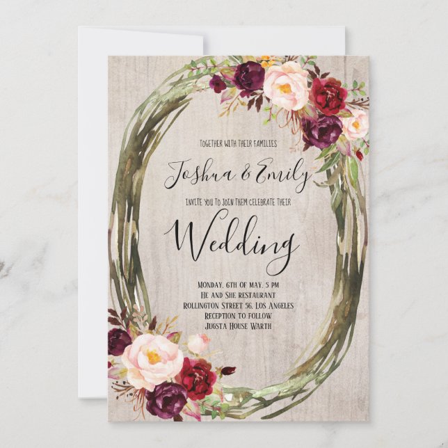 Rustique Bourgogne Peony Floral Faire-part de mari (Devant)