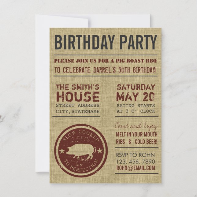Rustique Burlap BBQ Invitations de fête d'annivers (Devant)