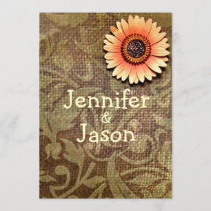 Rustique Burlap Damask Flower Wedding Invitations