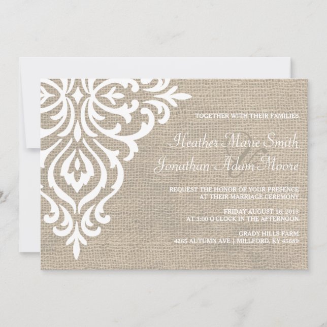 Rustique Burlap Damask Vintage Wedding Invitation (Devant)