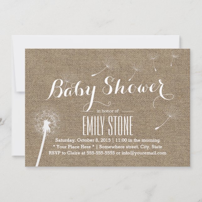 Rustique Burlap Dandelion Baby Shower Invitations (Devant)