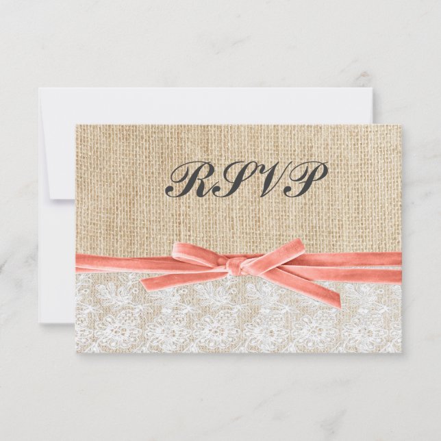 Rustique Burlap Dentelle Coral Ribbon Mariage RSVP (Devant)