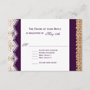 Rustique Burlap dentelle foncé violet mariage RSVP