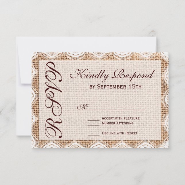 Rustique Burlap dentelle Typographie Mariage Carte (Devant)