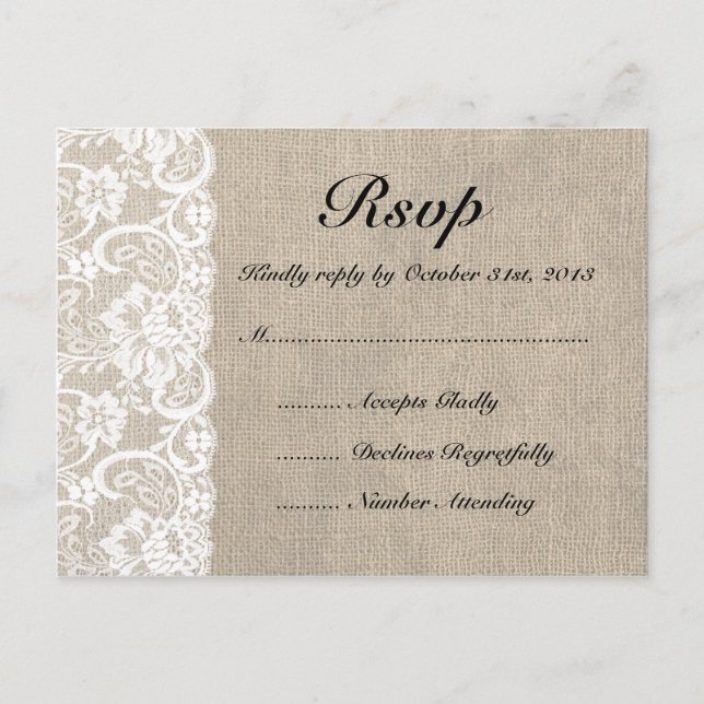 Rustique Burlap et dentelle carte postale RSVP (Devant)