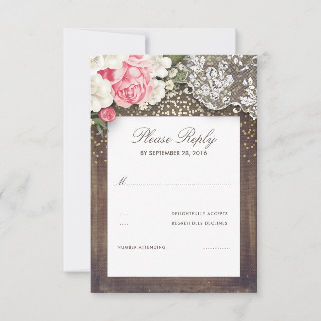 Rustique Burlap et Floral Lace Wedding Carte RSVP (Devant)