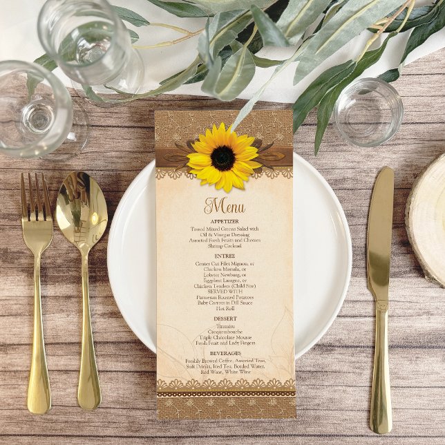 Rustique Burlap Lace Wood Sunflower Menu Mariage (Rustic Burlap Lace Wood Sunflower Wedding Menu in situ.)