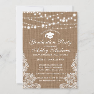 Rustique Burlap Lights Lace Graduation Invitation 