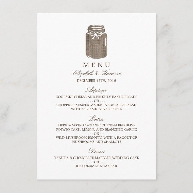 Rustique Burlap Mason Jar Menu Mariage (Devant)