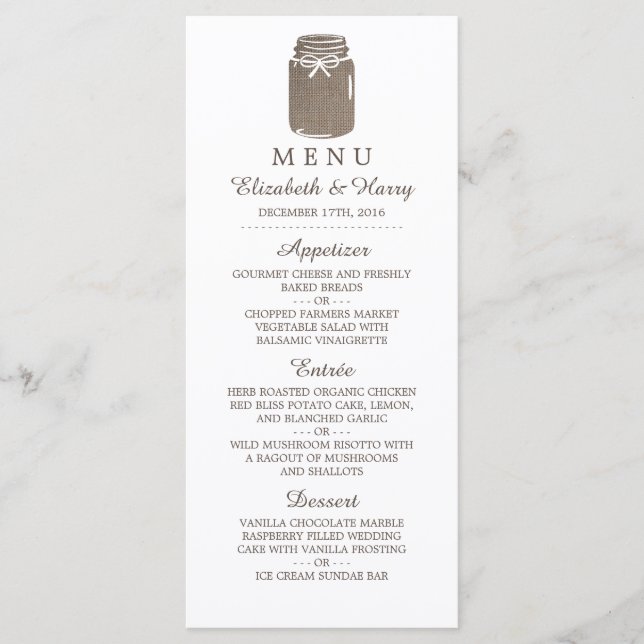 Rustique Burlap Mason Jar Menu Mariage (Devant)