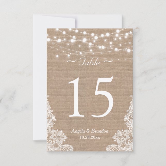 Rustique Burlap String Lights Lace Numéro de table (Devant)