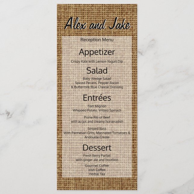 Rustique Burlap Vintage Mariage campagnard Menu Sc (Devant)