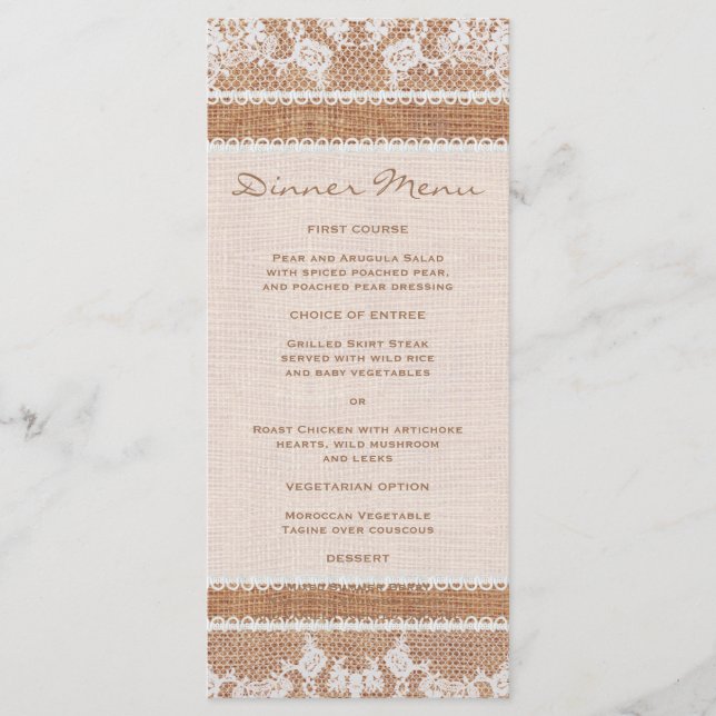 Rustique Burlap & White Lace Menu Slim Dinner (Devant)