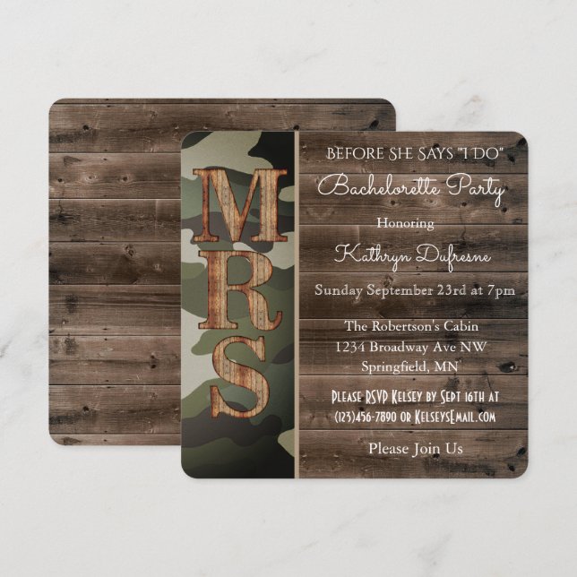 Rustique Camouflage Bachelorette Invitation (Devant / Derrière)