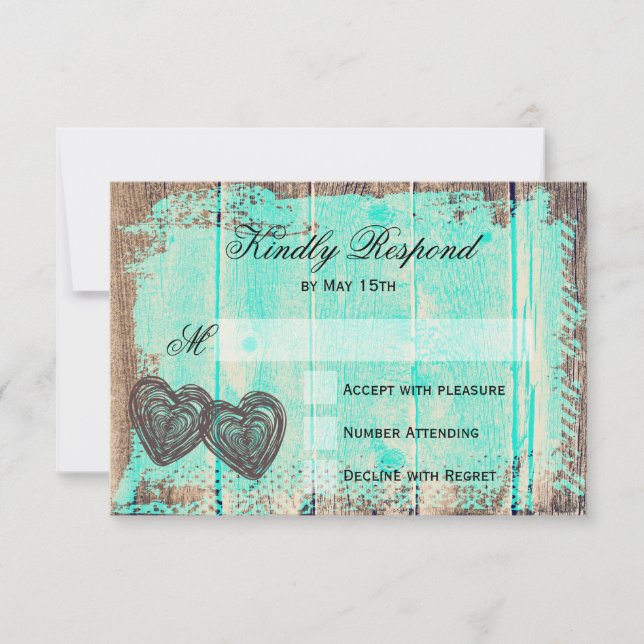 Rustique Deux Coeurs Bois Aqua Mariage Cartes RSVP (Devant)