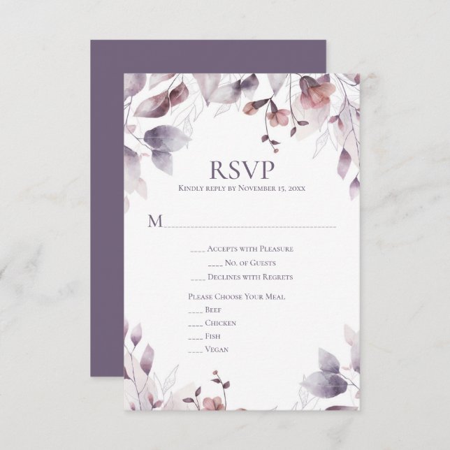 Rustique Dusty violet mauve rose floral RSVP (Devant / Derrière)