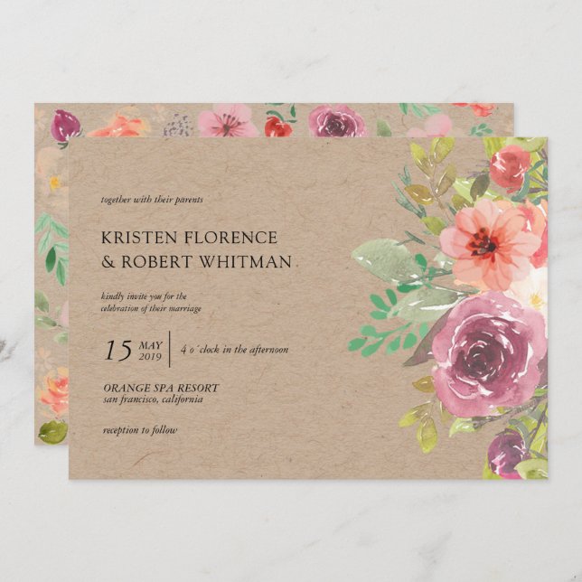 Rustique été Floral Kraft Faire-part de mariage (Devant / Derrière)
