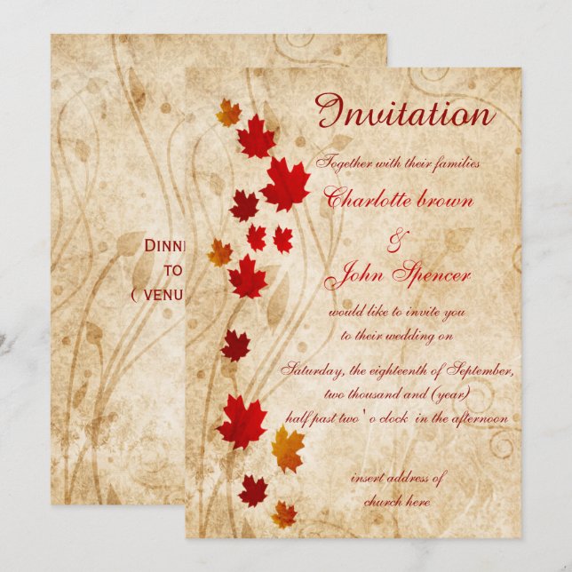 Rustique, feuilles d'érable invitations d'automne (Devant / Derrière)