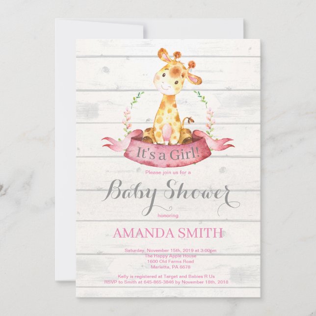 Rustique fille Giraffe Baby shower Invitation rose (Devant)