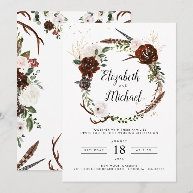 Rustique Floral | Invitation de mariage bohème bot (Devant / Derrière)