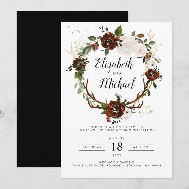 Rustique Floral | Invitation de mariage bohème bot (Devant / Derrière)