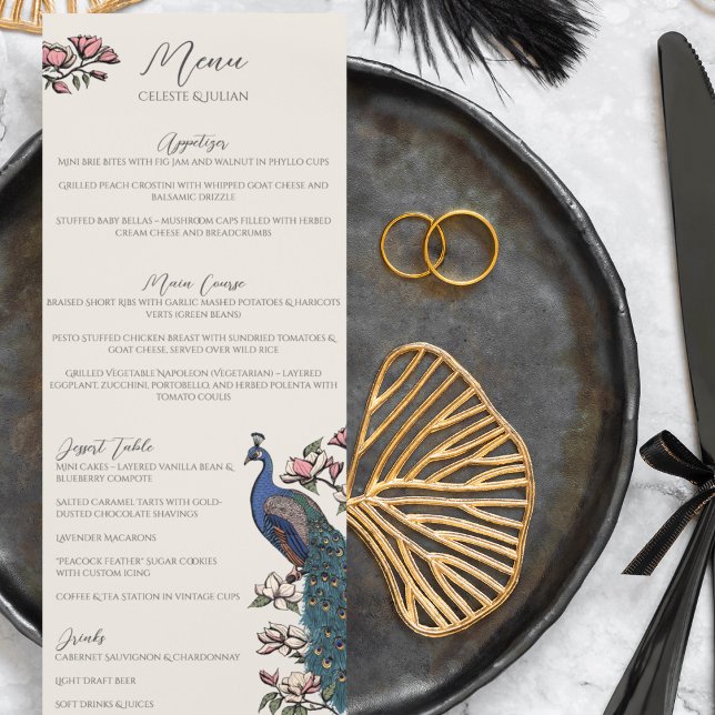 Rustique Floral Peacock Bird Menu Mariage (Rustic Elegant Ivory Peacock Chinoiserie Wedding Menu for Wedding, Bridal Shower, Rehearsal Dinner.)
