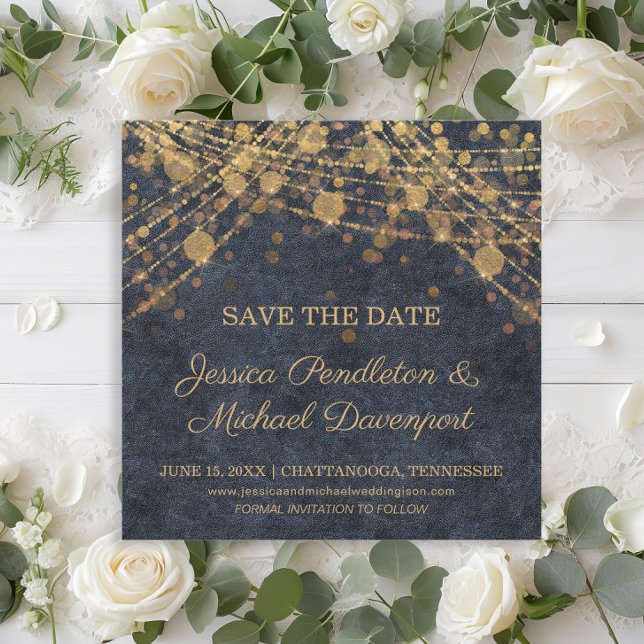 Rustique Glam Gold String lumières Enregistrer la  (Rustic glam navy blue and gold string lights wedding Save the Date card)