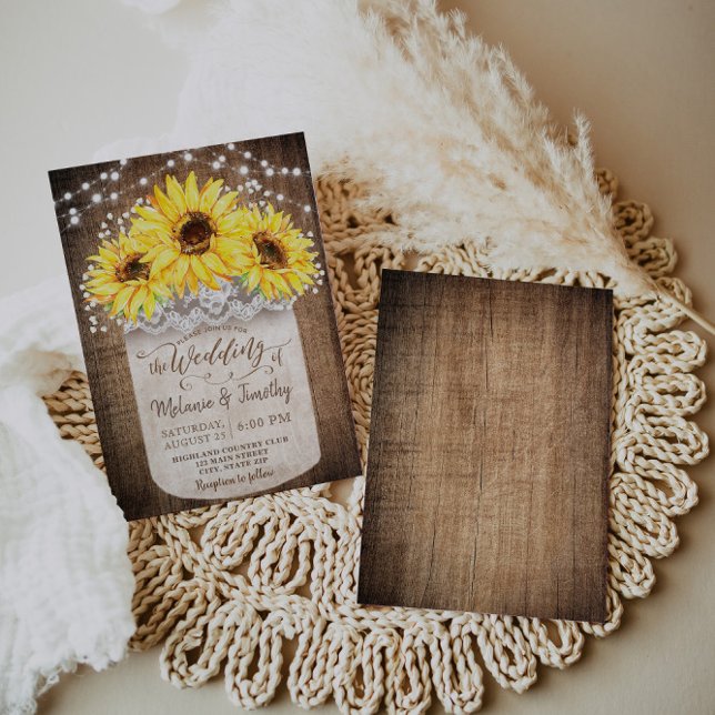 Rustique Jar Sunflower Wood Invitations de mariage (Créateur téléchargé)
