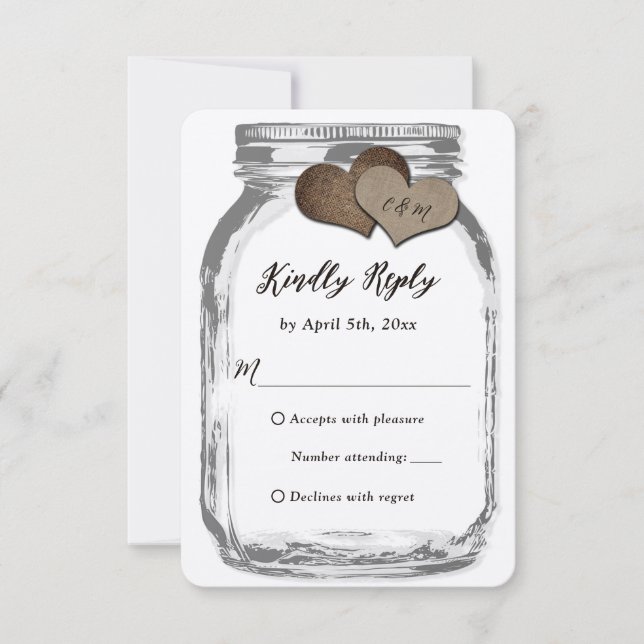 Rustique Kraft Deux Coeurs Mason Jar Mariage RSVP (Devant)