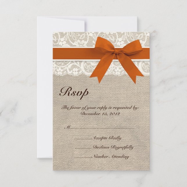Rustique Lace Burlap Look RSVP carte Burange Orang (Devant)