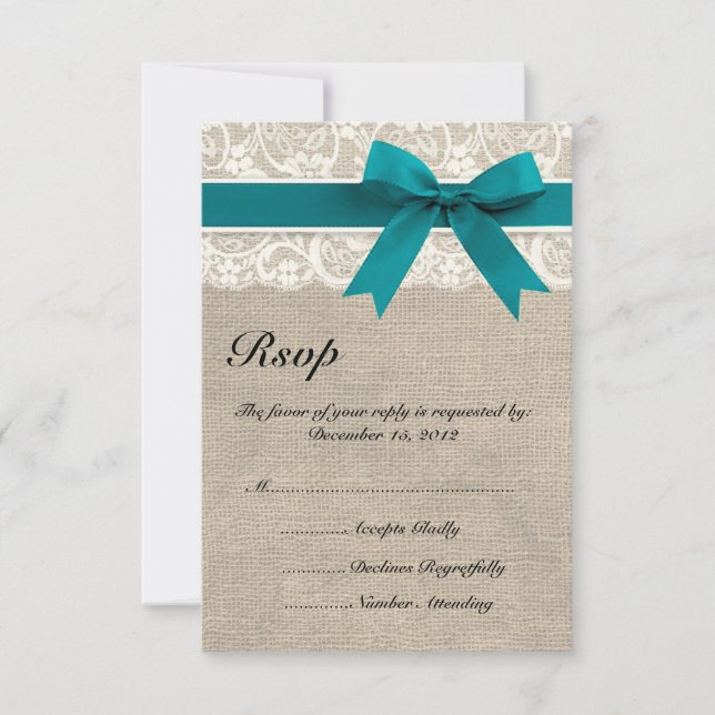 Rustique Lace Burlap Look RSVP carte Turquoise (Devant)
