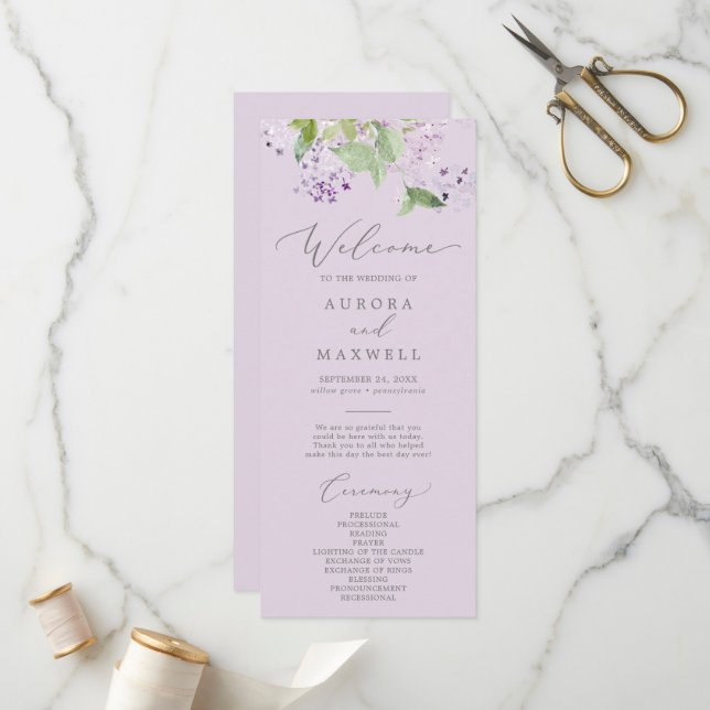 Rustique Lilac | Programme de mariage de lavande (Devant/Arrière en situation)