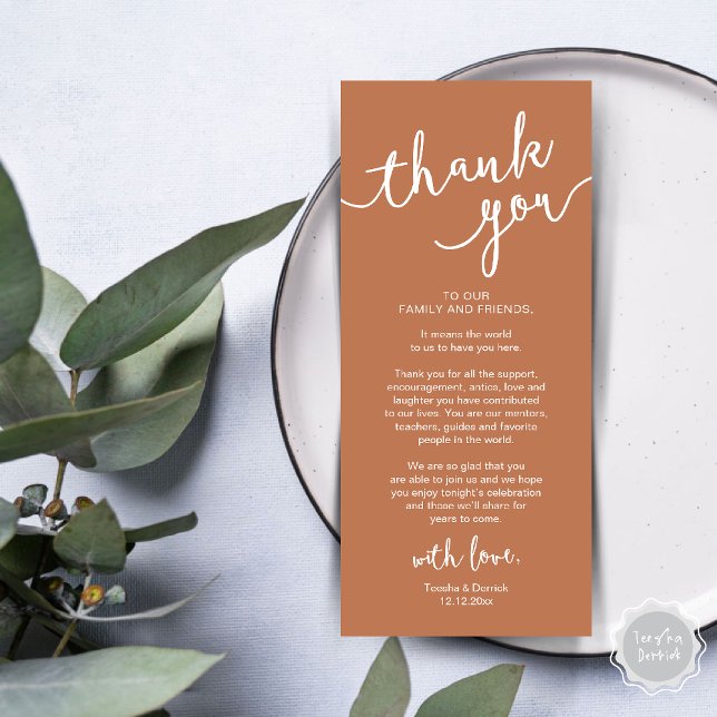 Rustique Mariage Lieu Cadre Dîner Carte de remerci (Rustic Wedding Place Setting Rehearsal Dinner Thank you Card Plate Decor Copper Terracotta Brown)