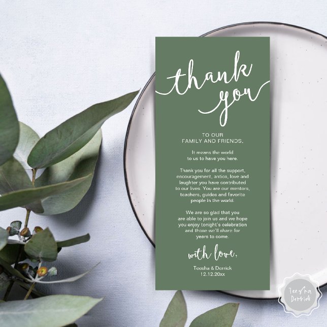Rustique Mariage Lieu Cadre Dîner Carte de remerci (Rustic Wedding Place Setting Rehearsal Dinner Thank you Card Plate Decor Sage Green)