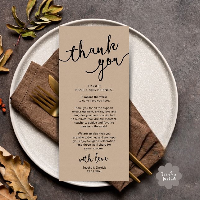 Rustique Mariage Lieu Cadre Dîner Carte de remerci (Rustic Wedding Place Setting Rehearsal Dinner Thank you Card in cottage brown kraft theme)