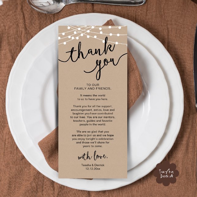 Rustique Mariage Lieu Cadre Dîner Carte de remerci (Rustic Wedding Place Setting Rehearsal Dinner Thank you Card in brown kraft string lights theme)