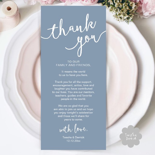 Rustique Mariage Lieu Cadre Dîner Carte de remerci (Rustic Wedding Place Setting Rehearsal Dinner Thank you Card Plate Decor Dusty Blue)
