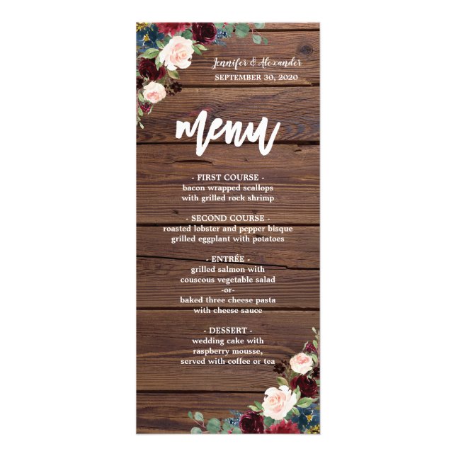 Rustique Marsala Bourgogne Floral Menu Mariage (Devant)