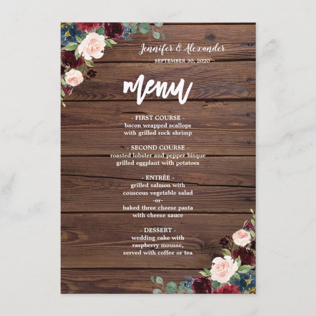 Rustique Marsala Bourgogne Floral Menu Mariage (Devant)