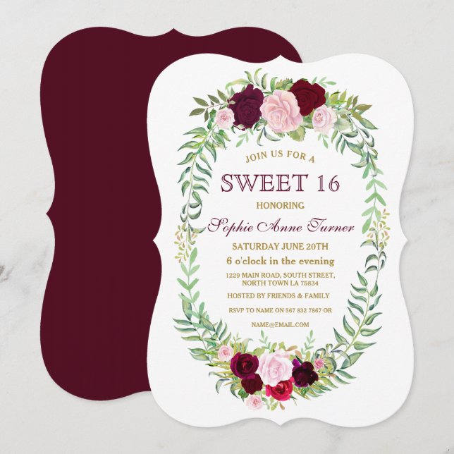 Rustique Marsala Floral Wreath Sweet 16 Invitation (Devant / Derrière)