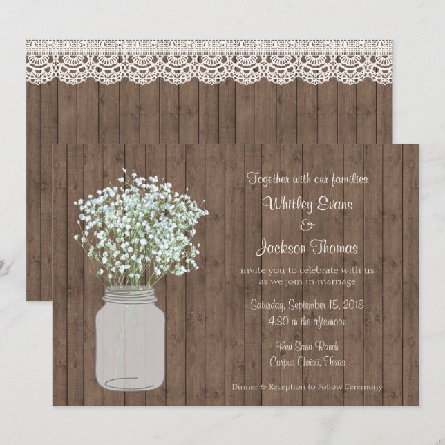 Rustique Mason Jar Faire-part de mariage sur bois (Devant / Derrière)