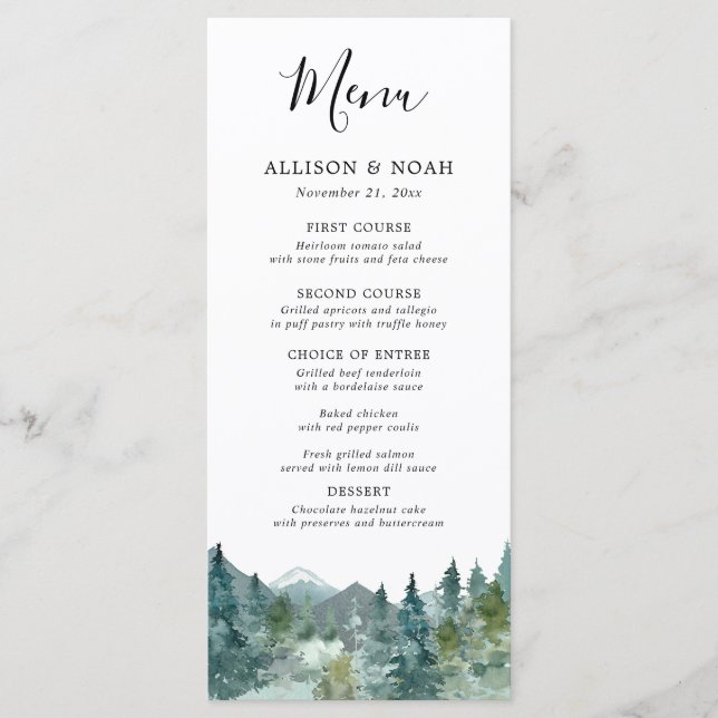 Rustique montagnes forêt aquarelle menu mariage (Devant)