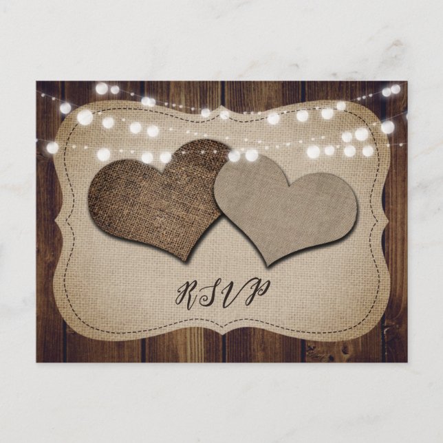 Rustique Pays Bois Coeurs Mariage RSVP carte posta (Devant)