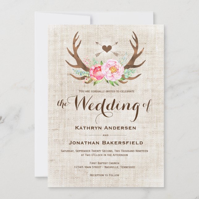 Rustique Pays Floral Antlers Mariage Invitations (Devant)