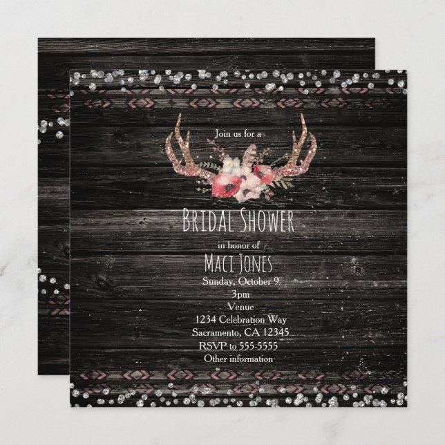 Rustique Pays Glam Fleurs & Antlers Invitation (Devant / Derrière)