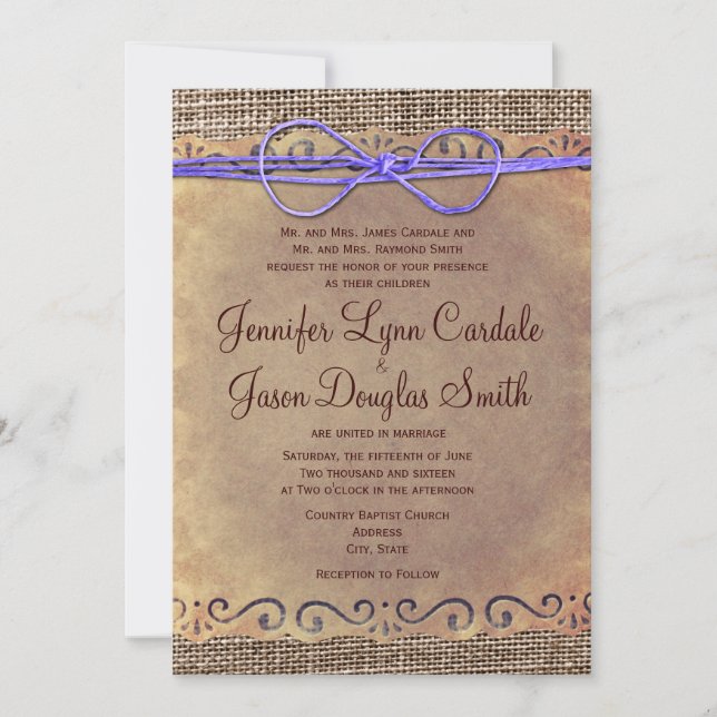 Rustique Pays Vintage Mariage Invitations pourpre  (Devant)