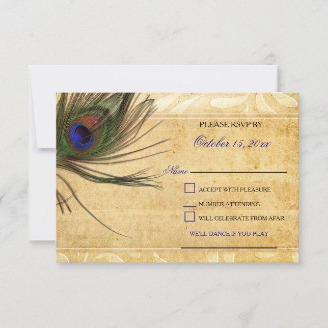 Rustique Peacock Feather mariage rsvp 3,5 x5 (Devant)